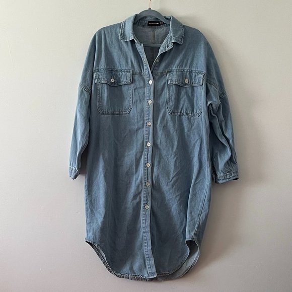 Pretty Little Thing Long Sleeve Lightwash Denim Jean Dress US sz 4 UK sz 8 - Picture 1 of 12